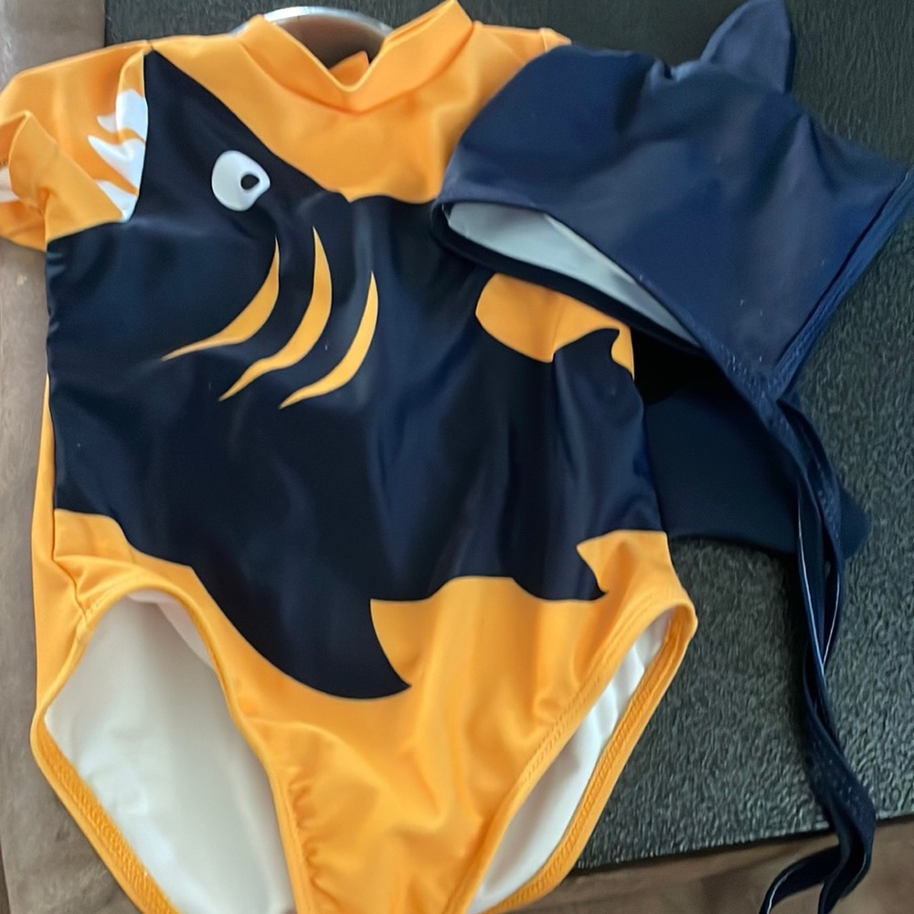 Shark swimsuit with matching hat